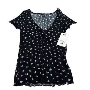 NWT Billabong Women's XS Floral V-Neck Short Sleeve Waffle Knit Top Multicolor